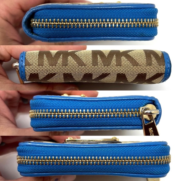 Michael Kors Tan Signature Logo Canvas Blue Leather Zip Around Bifold Wallet - Picture 4 of 10